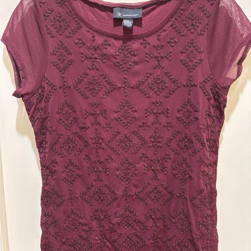 INC International Concepts Burgundy Textured Short Sleeve Top